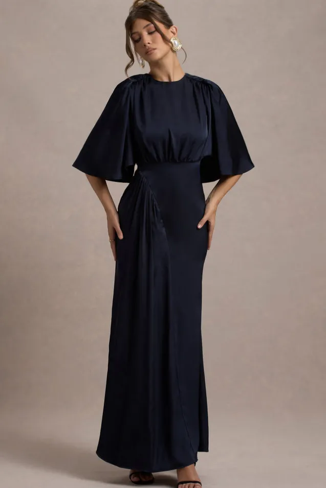 Cinder | Navy Satin Gathered Maxi Dress