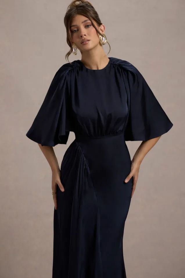 Cinder | Navy Satin Gathered Maxi Dress