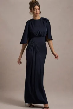 Cinder | Navy Satin Gathered Maxi Dress