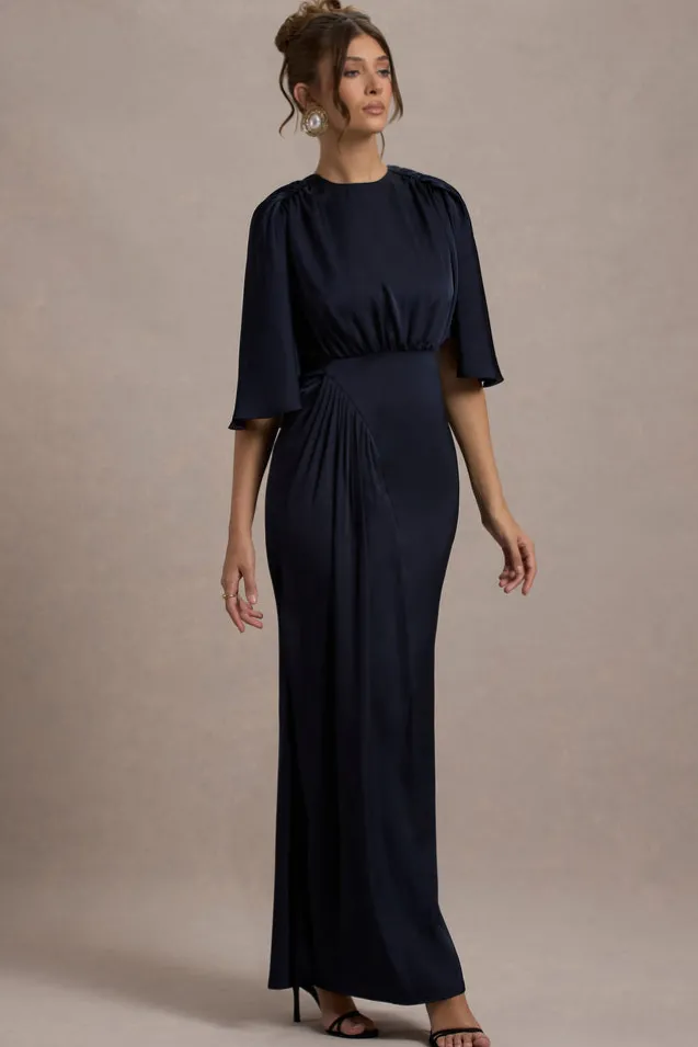 Cinder | Navy Satin Gathered Maxi Dress