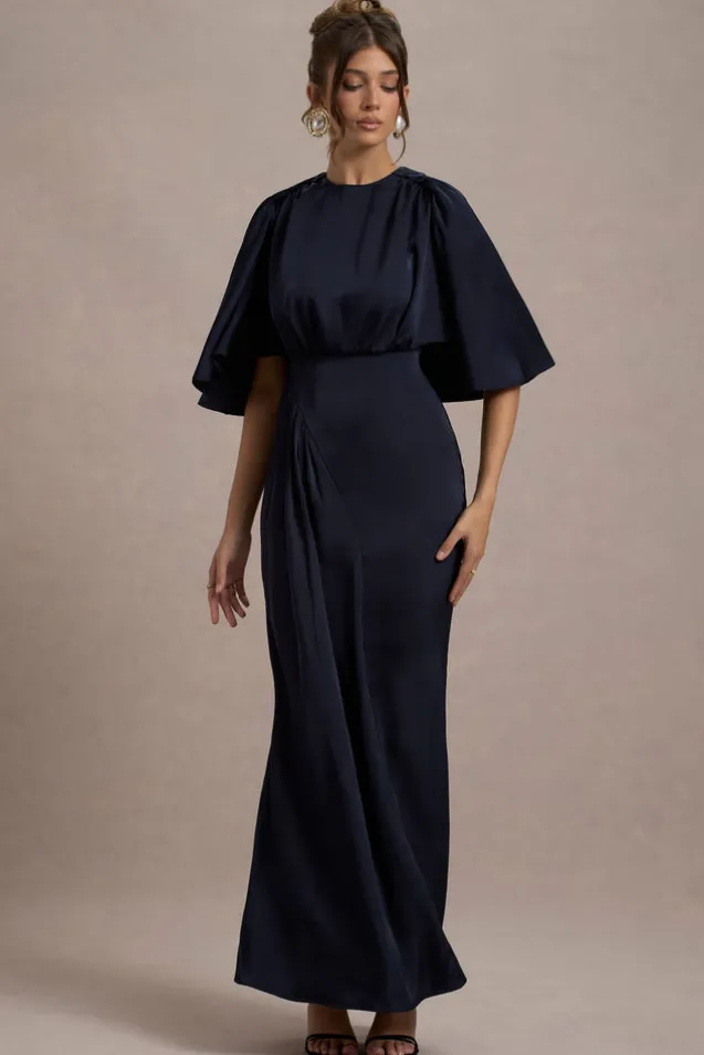 Cinder | Navy Satin Gathered Maxi Dress
