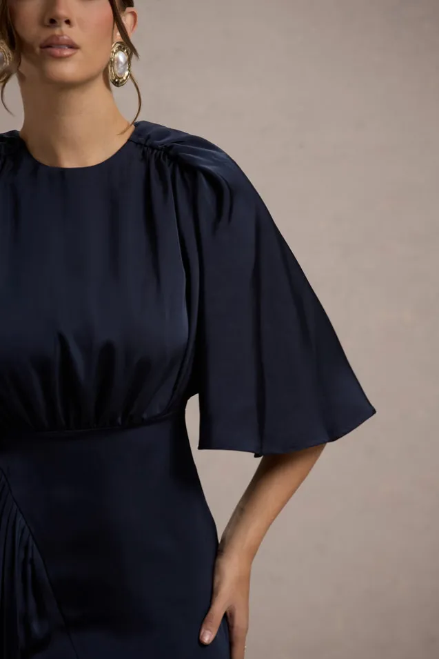 Cinder | Navy Satin Gathered Maxi Dress