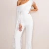 Cindy | White One-Shoulder Cape Jumpsuit with Feather Trim