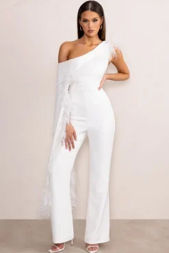 Cindy | White One-Shoulder Cape Jumpsuit with Feather Trim