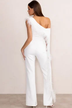 Cindy | White One-Shoulder Cape Jumpsuit with Feather Trim