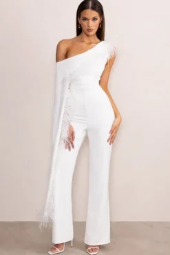 Cindy | White One-Shoulder Cape Jumpsuit with Feather Trim