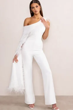 Cindy | White One-Shoulder Cape Jumpsuit with Feather Trim