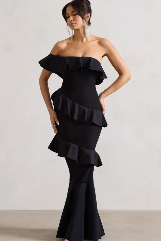 Cinematic | Black Bardot Ruffled Fishtail Maxi Dress
