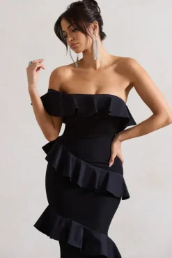 Cinematic | Black Bardot Ruffled Fishtail Maxi Dress