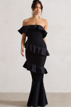 Cinematic | Black Bardot Ruffled Fishtail Maxi Dress