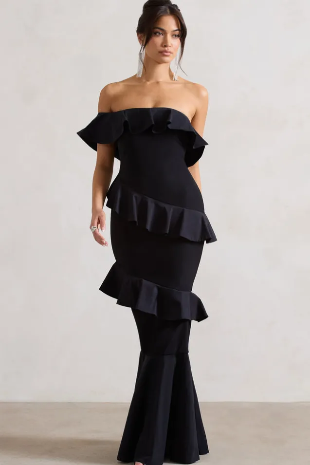 Cinematic | Black Bardot Ruffled Fishtail Maxi Dress