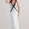 Cirilla | White Plunge-Neck Split Maxi Dress With Lace Detail
