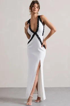 Cirilla | White Plunge-Neck Split Maxi Dress With Lace Detail