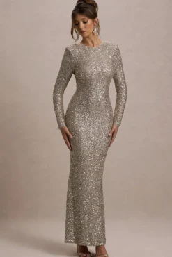 Citrine | Rose Gold Sequin Long-Sleeve Maxi Dress