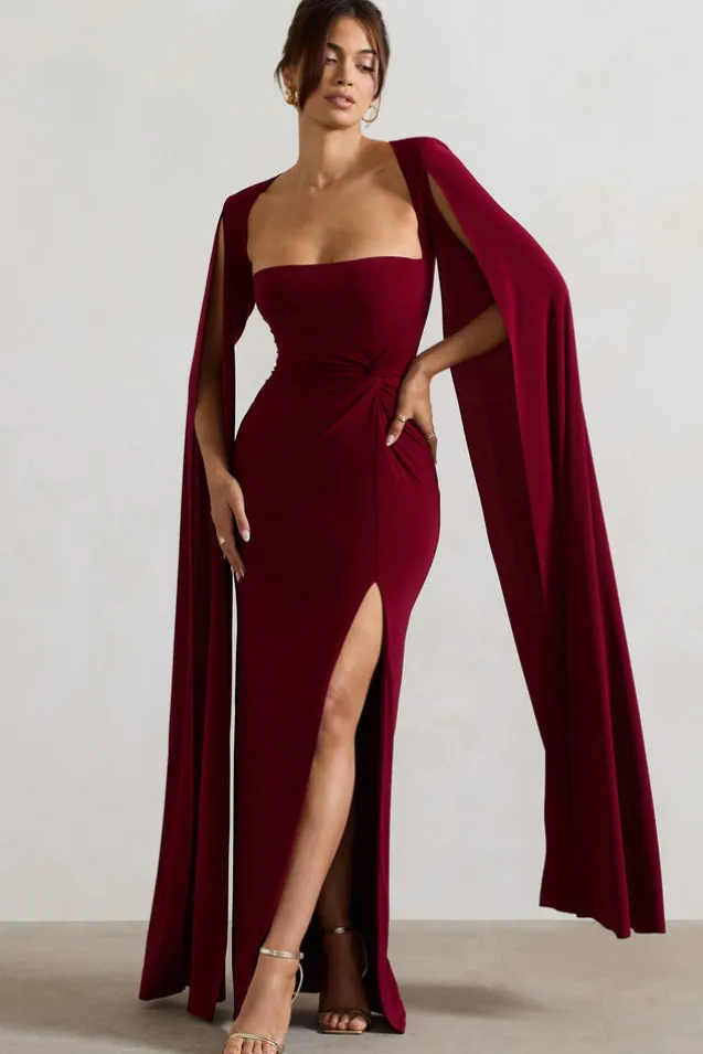 Claretta | Berry Square Neck Twisted Maxi Dress With Cape Sleeves