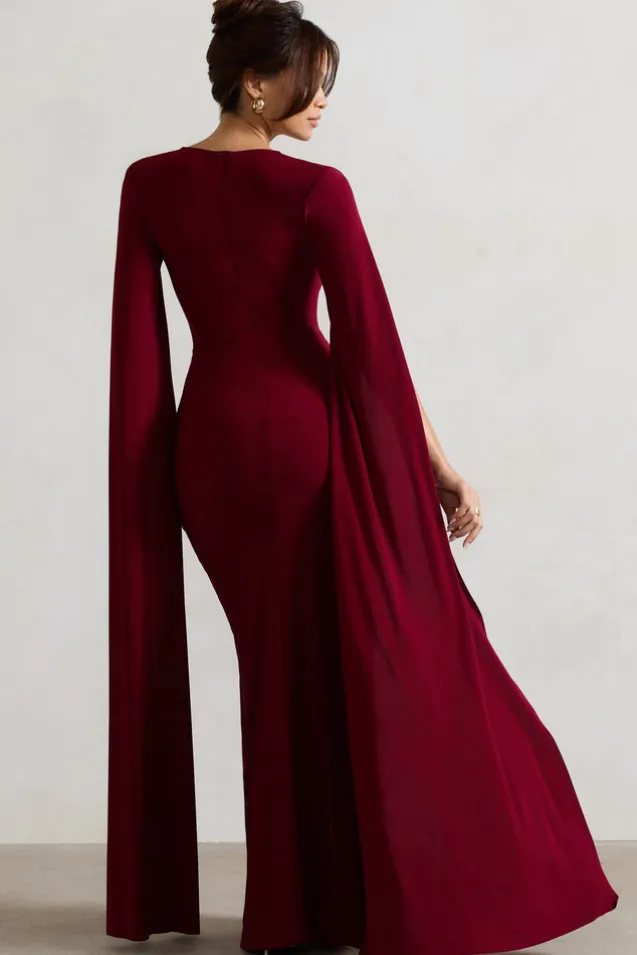 Claretta | Berry Square Neck Twisted Maxi Dress With Cape Sleeves
