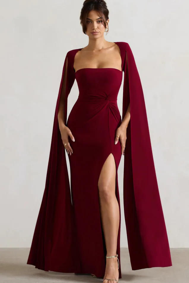 Claretta | Berry Square Neck Twisted Maxi Dress With Cape Sleeves