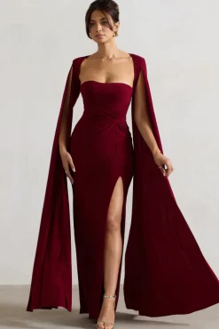 Claretta | Berry Square Neck Twisted Maxi Dress With Cape Sleeves