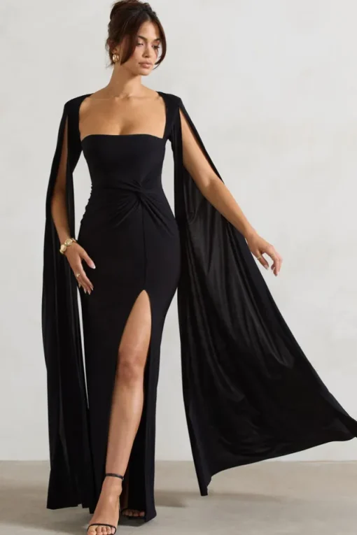 Claretta | Black Square Neck Twisted Maxi Dress With Cape Sleeves