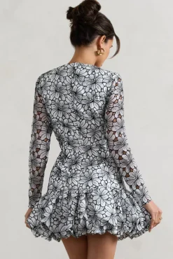 Claribel | Black u0026 White Lace Long-Sleeve Mini Dress With Ruffle Hem