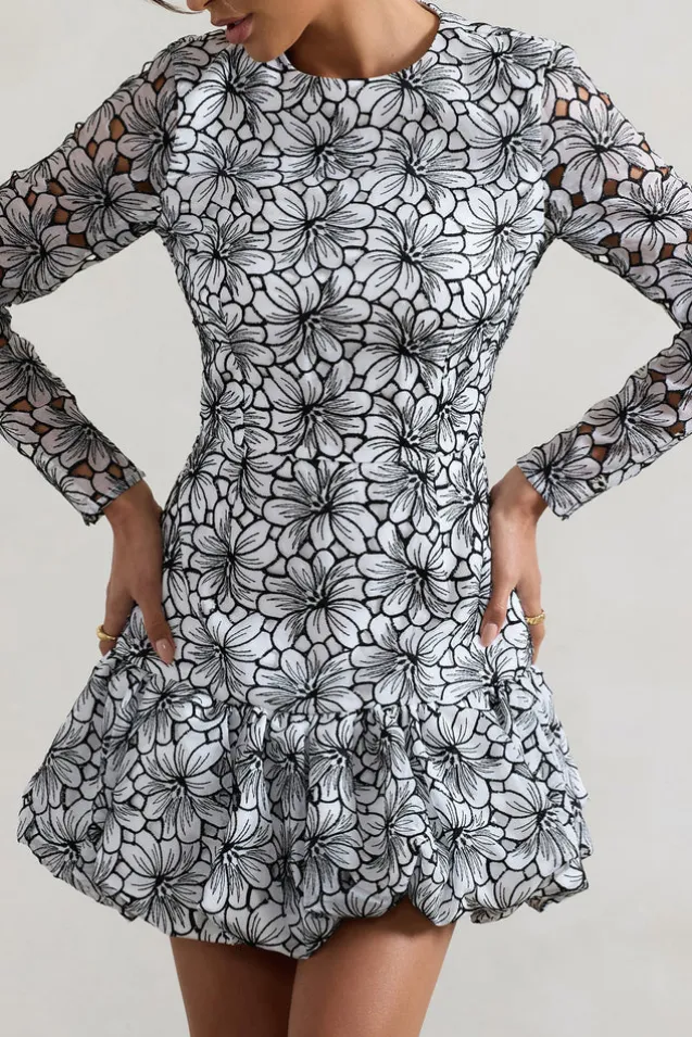 Claribel | Black u0026 White Lace Long-Sleeve Mini Dress With Ruffle Hem