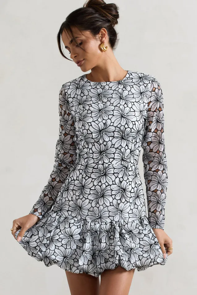 Claribel | Black u0026 White Lace Long-Sleeve Mini Dress With Ruffle Hem