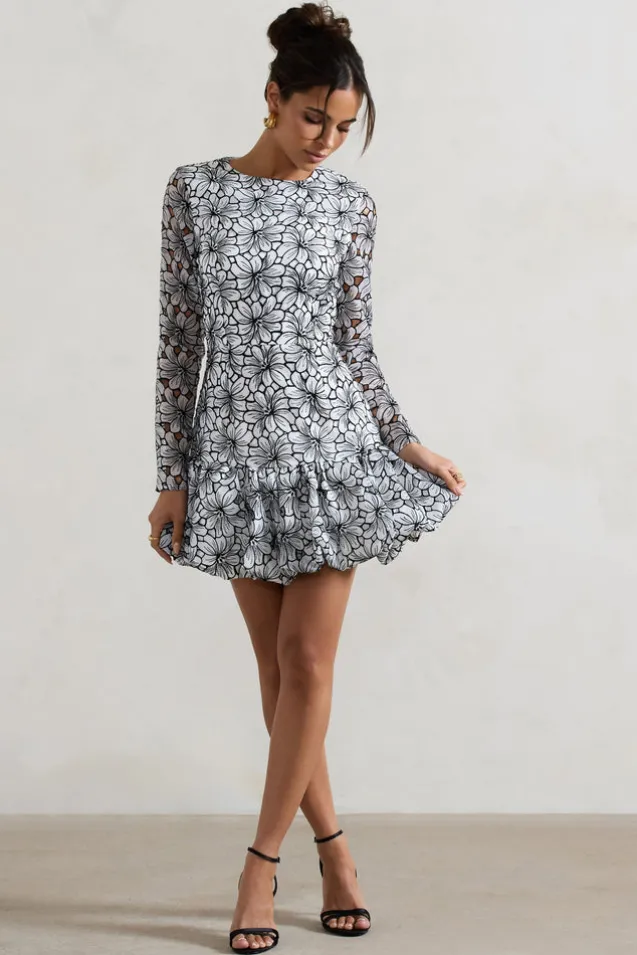 Claribel | Black u0026 White Lace Long-Sleeve Mini Dress With Ruffle Hem