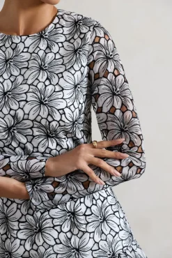 Claribel | Black u0026 White Lace Long-Sleeve Mini Dress With Ruffle Hem