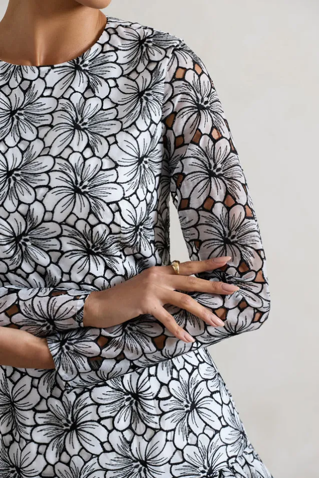 Claribel | Black u0026 White Lace Long-Sleeve Mini Dress With Ruffle Hem