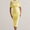 Claudette | Lemon Bodycon Midi Dress With Lace Overlay