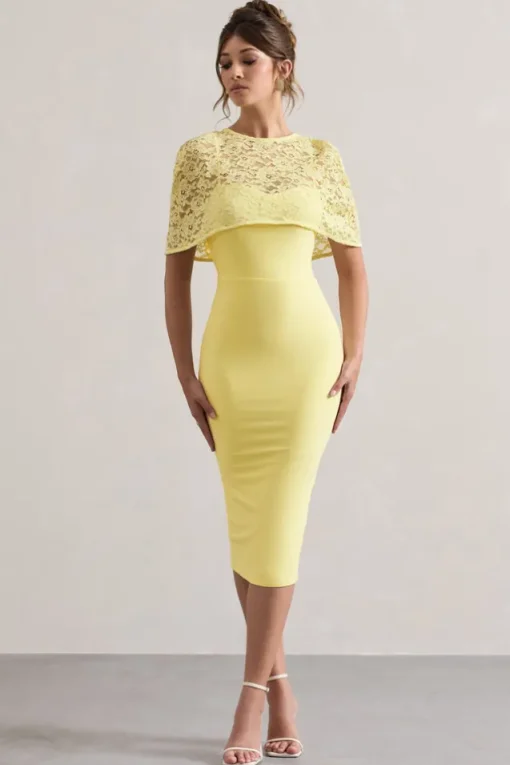 Claudette | Lemon Bodycon Midi Dress With Lace Overlay