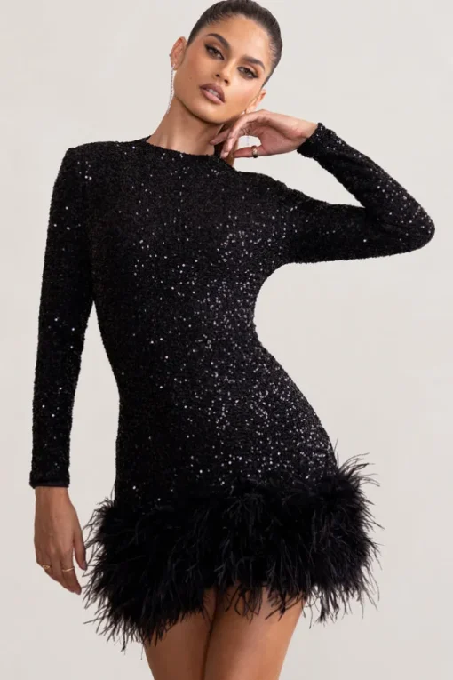 Claudia | Black Sequin High Neck Feather Hem Mini Dress With Long Sleeves