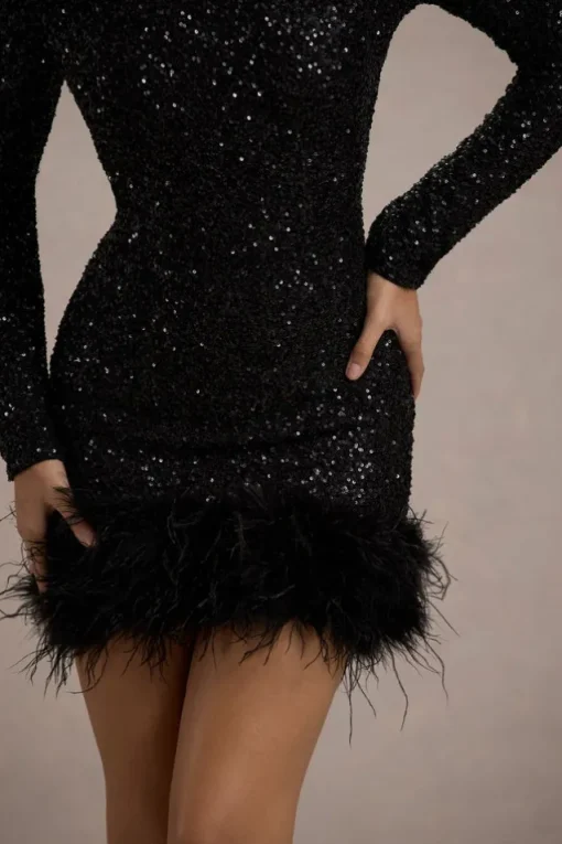 Claudia | Black Sequin High Neck Feather Hem Mini Dress With Long Sleeves