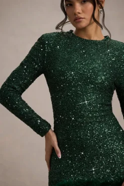 Claudia | Bottle Green Sequin High Neck Feather Hem Mini Dress With Long Sleeves