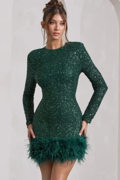 Claudia | Bottle Green Sequin High Neck Feather Hem Mini Dress With Long Sleeves