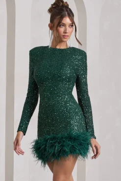 Claudia | Bottle Green Sequin High Neck Feather Hem Mini Dress With Long Sleeves