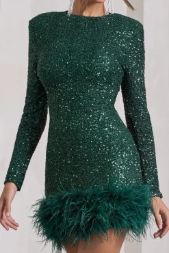 Claudia | Bottle Green Sequin High Neck Feather Hem Mini Dress With Long Sleeves
