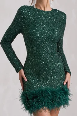 Claudia | Bottle Green Sequin High Neck Feather Hem Mini Dress With Long Sleeves
