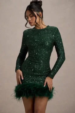 Claudia | Bottle Green Sequin High Neck Feather Hem Mini Dress With Long Sleeves