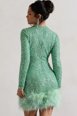 Claudia | Mint Sequin High Neck Feather Hem Mini Dress With Long Sleeves