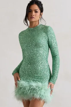 Claudia | Mint Sequin High Neck Feather Hem Mini Dress With Long Sleeves