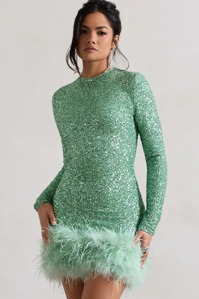 Claudia | Mint Sequin High Neck Feather Hem Mini Dress With Long Sleeves