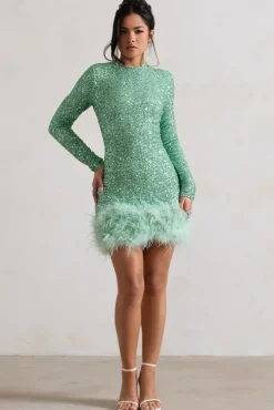 Claudia | Mint Sequin High Neck Feather Hem Mini Dress With Long Sleeves
