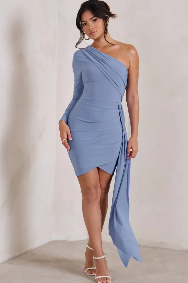 Claudina | Blue Asymmetric Long Sleeve Wrap Mini Dress With Statement Drape