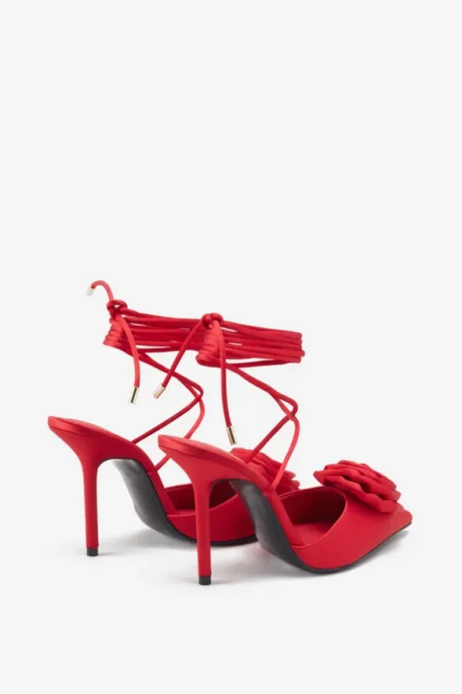 Clearly | Red Satin Lace-Up Stiletto Heels With Flowers
