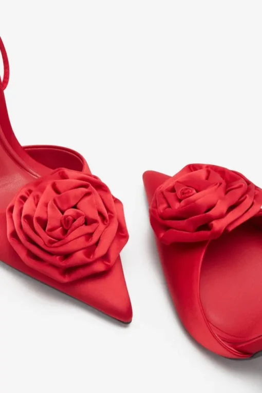 Clearly | Red Satin Lace-Up Stiletto Heels With Flowers
