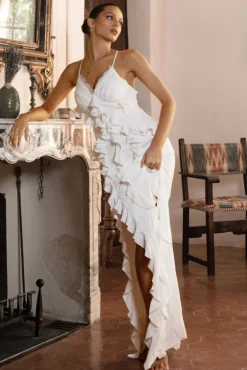 Clematis | White Lace Strappy Ruffled Maxi Dress