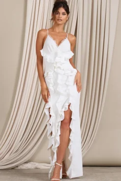 Clematis | White Lace Strappy Ruffled Maxi Dress