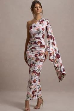 Clementina | Cream Floral Print Asymmetric Cape Sleeve Maxi Dress