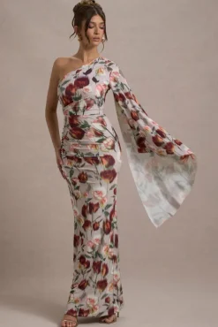 Clementina | Cream Floral Print Asymmetric Cape Sleeve Maxi Dress